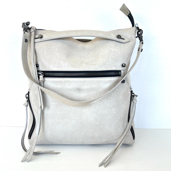 BOTKIER Logan Smooth Light Gray Leather Zip Detailed Hobo Shoulder Bag Tote - Picture 4 of 16